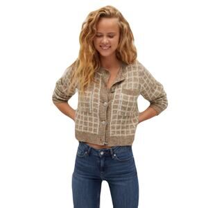 nwot MANGO Cardigan M Boucle Plaid Jeweled-Big-Flower-Button Pocket Long-Sl Wool